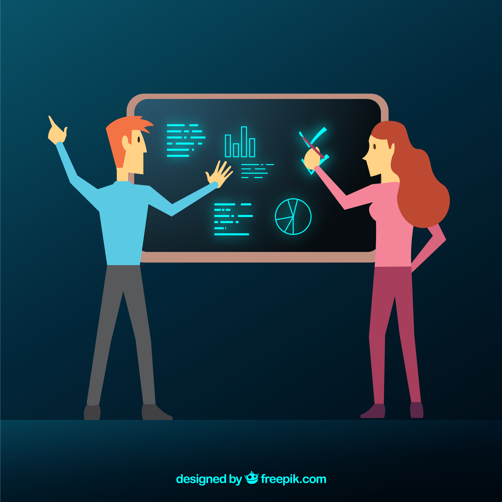 Dos personas de pie delante de una pizarra digital interactiva táctil
